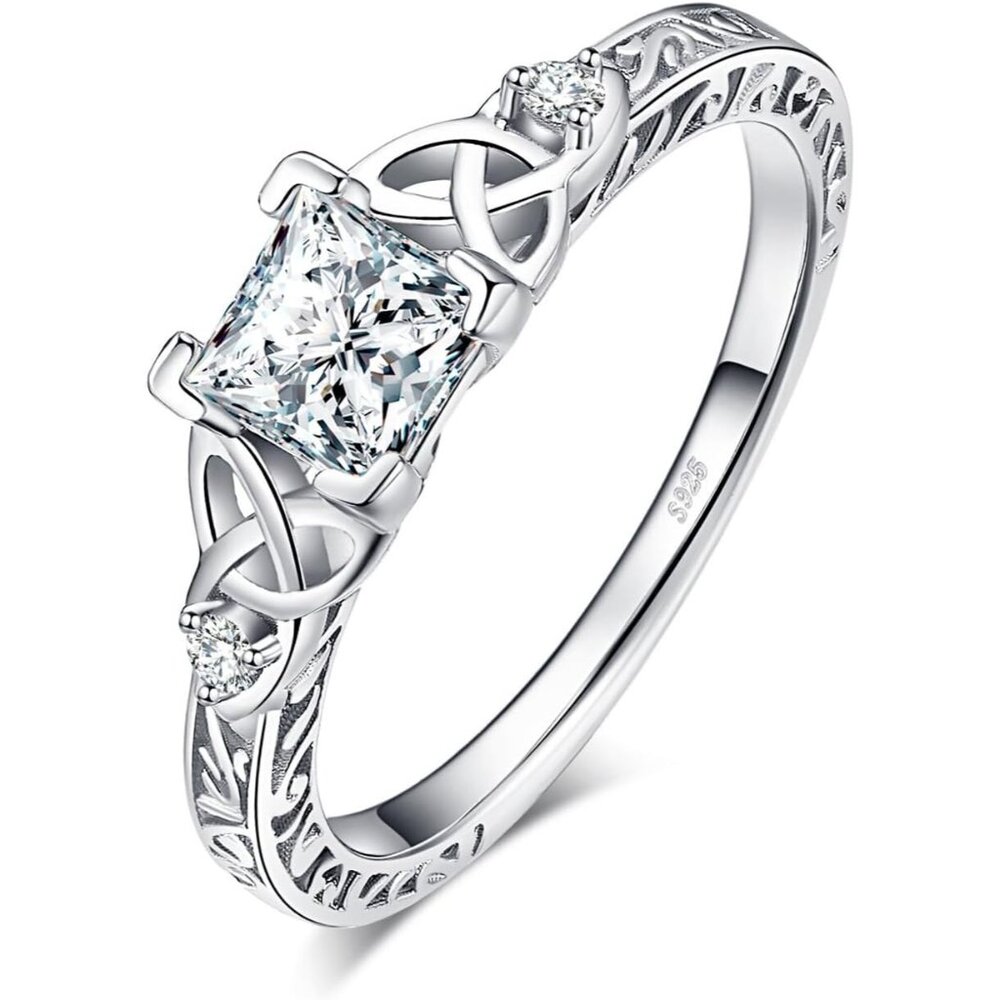💫 Women Silver Solitaire Engagement Ring Vintage Celtic Knot Cut Shine Jewelry